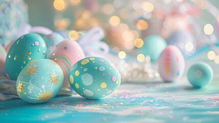 Fototapeta premium Decorative painted Easter eggs with pastel colors and glitter on a softly lit background. Close-up shot. Easter celebration. Design for greeting card, invitation, postcard. Generative AI
