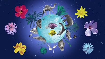 2D animation of world animals day collage - concept with globe - art design with animals