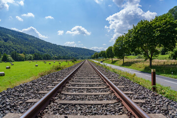 Landschaft mit Bahnschiene an einem Sommertag