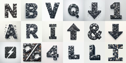 Dark gray and red stones Tiling Lettering Typeface. AI generated illustration