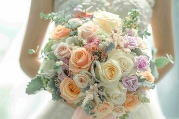 Bride holding a pastel-colored wedding bouquet with roses, astilbe, and greenery. Close-up shot. Wedding and floral arrangement concept. Generative AI