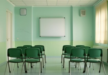 An empty classroom with green chairs and a whiteboard