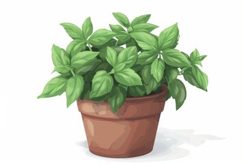 Potted basil plant with lush green leaves in terracotta pot. Vector illustration isolated on white background. Mint. Ayurveda. ayurvedic herbs. Generative AI