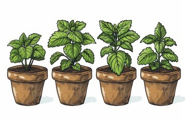 Obraz premium Four potted green basil plants with lush leaves in terracotta pots. Watercolor illustration with black outline isolated on white background. Generative AI