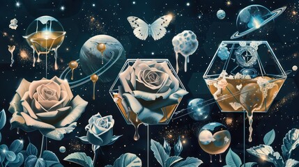 Futuristic space habitat with petrol-toned liquid stars, hexagonal habitat modules, a zero-gravity butterfly, a space compass, three cosmic  