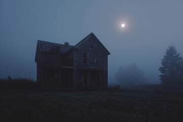 Spooky abandoned house is shrouded in fog on halloween night, illuminated by the eerie glow of the moon