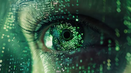 a woman's eye is surrounded by green dots