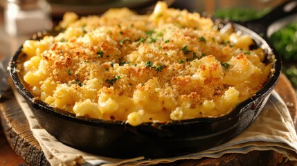 Creamy macaroni and cheese with a golden breadcrumb topping, served in a cast-iron skillet. Thanksgiving side dish