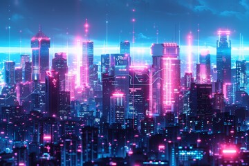 Futuristic city skyline with neon lights and modern architecture at dusk