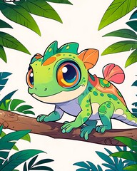 Naklejka premium Green chameleon with orange spines on a log, perfect for naturethemed designs, educational materials, and wildlife conservation campaigns.