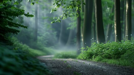 Obraz premium A serene forest path enveloped in morning mist with ethereal light filtering through dense foliage