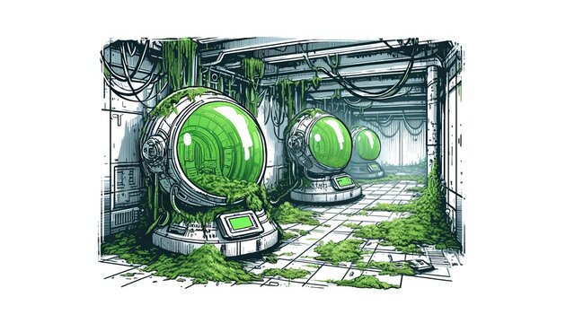 A doodle illustration with greenish tones and detailed line art showing VR escape pods in an abandoned research facility.