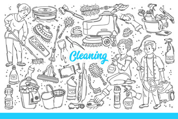 Obraz premium Process of cleaning apartment from housewives or maids doing housework. Manual or electric equipment with chemicals for cleaning and disinfecting premises from dirt and bacteria. Hand drawn doodle