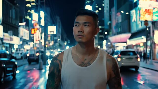 Asian man with tattoos walking on a city street