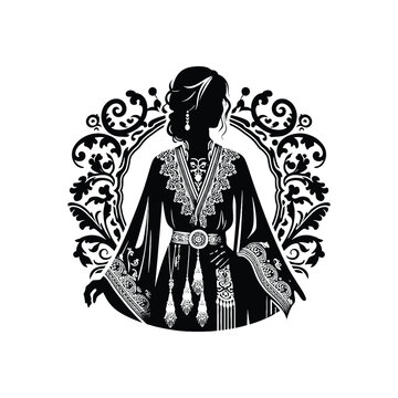 woman wear traditional fashion Turkish kaftan with intricate details inside 