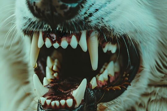 Closeup of aggressive dog baring scary teeth. Mad dog showing dangerous teeth and ready to attack. Rabies vaccination and prevention, immunization and treatment of infection. Homeless animal concept