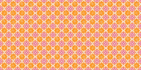 Orange, pink, and white tile pattern with floral motifs evokes a vibrant and cheerful Mediterranean summer. 
