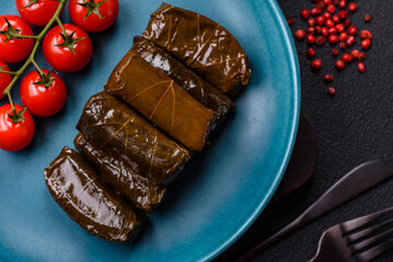 Delicious dolma in the form of rice and meat wrapped in grape leaves