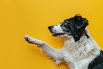 Side view of a happy border collie with its paw up, vibrant yellow backdrop