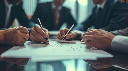 Close-up view of hands signing a document, with multiple individuals engaged in a business meeting around a table.