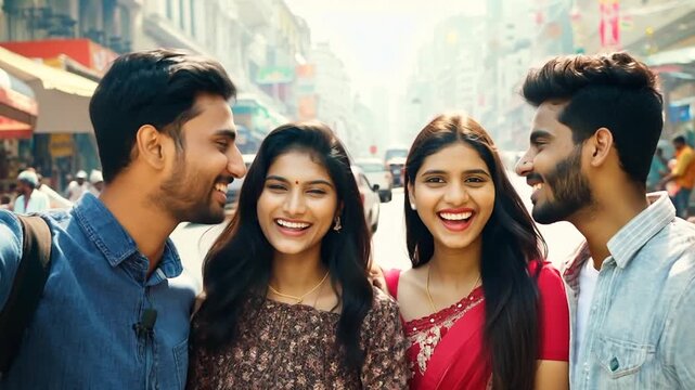 Young Indian friends smiling on a city street