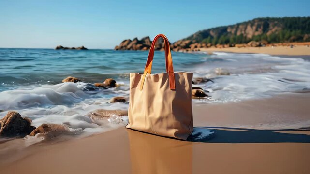A simple eco-friendly fabric bag on the background of the beach on the sea