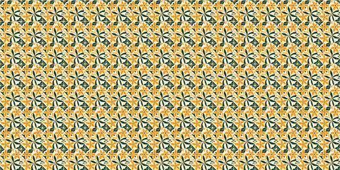 A vibrant, seamless pattern of orange flowers and green leaves on a cream background, perfect for summery, floral designs. 
