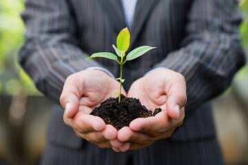 A businessman holding a sapling, symbolizing the nurturing and growth of a new business venture