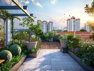 Fototapeta premium Urban Oasis: Rooftop Garden with City Skyline View