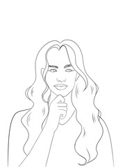 illustration d'une femme qui réfléchie, dessin ligne noir et blanc 