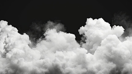 Clouds set isolated on black background. White cloudiness, mist or smog background. Collection of different clouds.