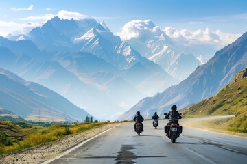 a group of people on motorcycles traveling along a road against a mountainous background