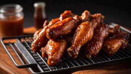 BBQ, Chicken wings on a grill with a side of BBQ sauce