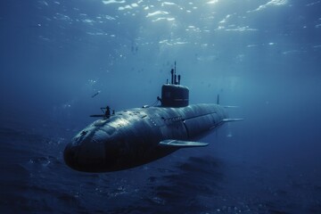 A modern submarine is submerged on ocean duty