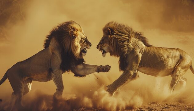two male lions fighting desert background