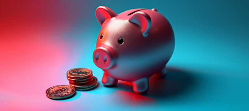 Tirelire rose en forme de cochon entour&eacute;e de pi&egrave;ces de monnaie sur un fond bleu. Les pi&egrave;ces incluent des bitcoins et d'autres devises, dispers&eacute;es autour de la tirelire. economie, epargne