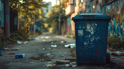 Naklejka premium Urban Alley with Blue Trash Bin