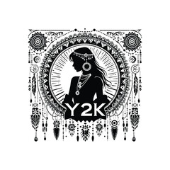 woman wearing Fashion YK inside bohemian decoration, flat logo, less detail, portrait, high contrast, cutout, vector, bw, isolated white, -