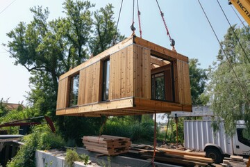 A wooden building module is raised by a crane and placed