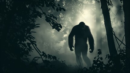 silhouette of Bigfoot standing in the foggy forest