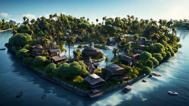 Paradise tropical green island in the shape of a heart with trees at a beach resort in the sea