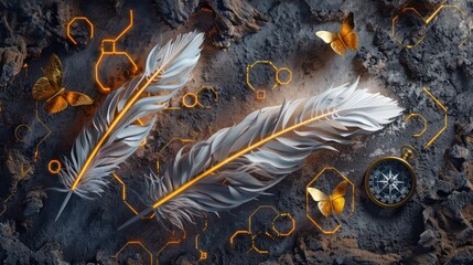 Long-format decorative piece showcasing the harmony of simple bird feathers with the geometric glow of neon hexagons, golden butterflies, and a compass on a nostalgic, textured backdrop