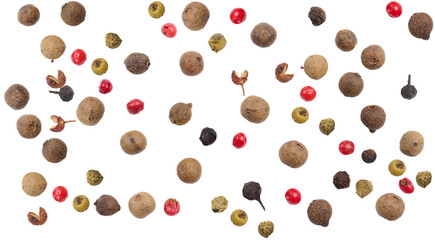 Aromatic pepper, black and red pepper on a white isolated background, culinary spices