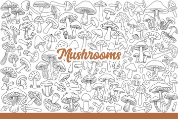 Harvest of fresh mushrooms collected in forest, suitable for food or poisonous. Mushrooms of different sizes grow in groups or singly, for design of products for mushroom pickers. Hand drawn doodle