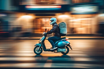 Fototapeta premium Fast Food Delivery on Scooter Through City Streets at Night for Urban Speed and Efficiency Concept