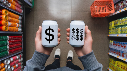 a person holding to white cans, comparing low price versus high price, cheap vs expensive goods at the supermarket, middle class everyday economy