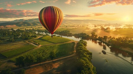 Obraz premium Hot Air Balloon Over Serene Valley and River at Sunrise for Travel Posters or Scenic Prints