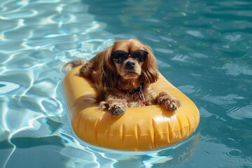 Chill dog with sunglasses lounges on an inflatable raft in a swimming pool, enjoying the summer