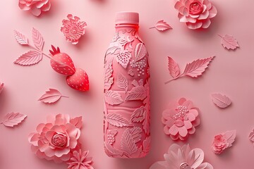 Pink paper cutout water bottle with floral and fruit designs on pink background