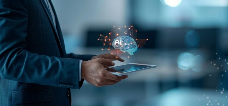 Businessman holding a tablet with an AI icon and a digital brain hologram in his hand
